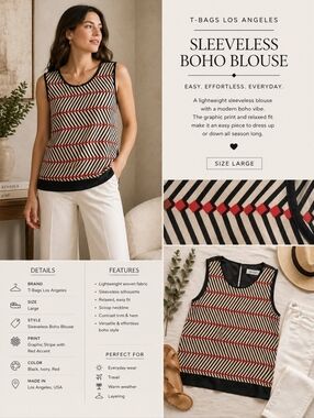 T-Bags Los Angeles Sleeveless Boho Blouse Sz L Black Ivory Red Geometric Print